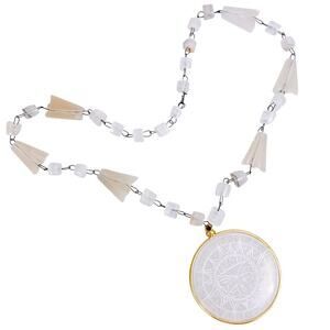 Vintage Aztec Sun Pendant Necklace, White Glass Silver Tone Metal Linked Beads